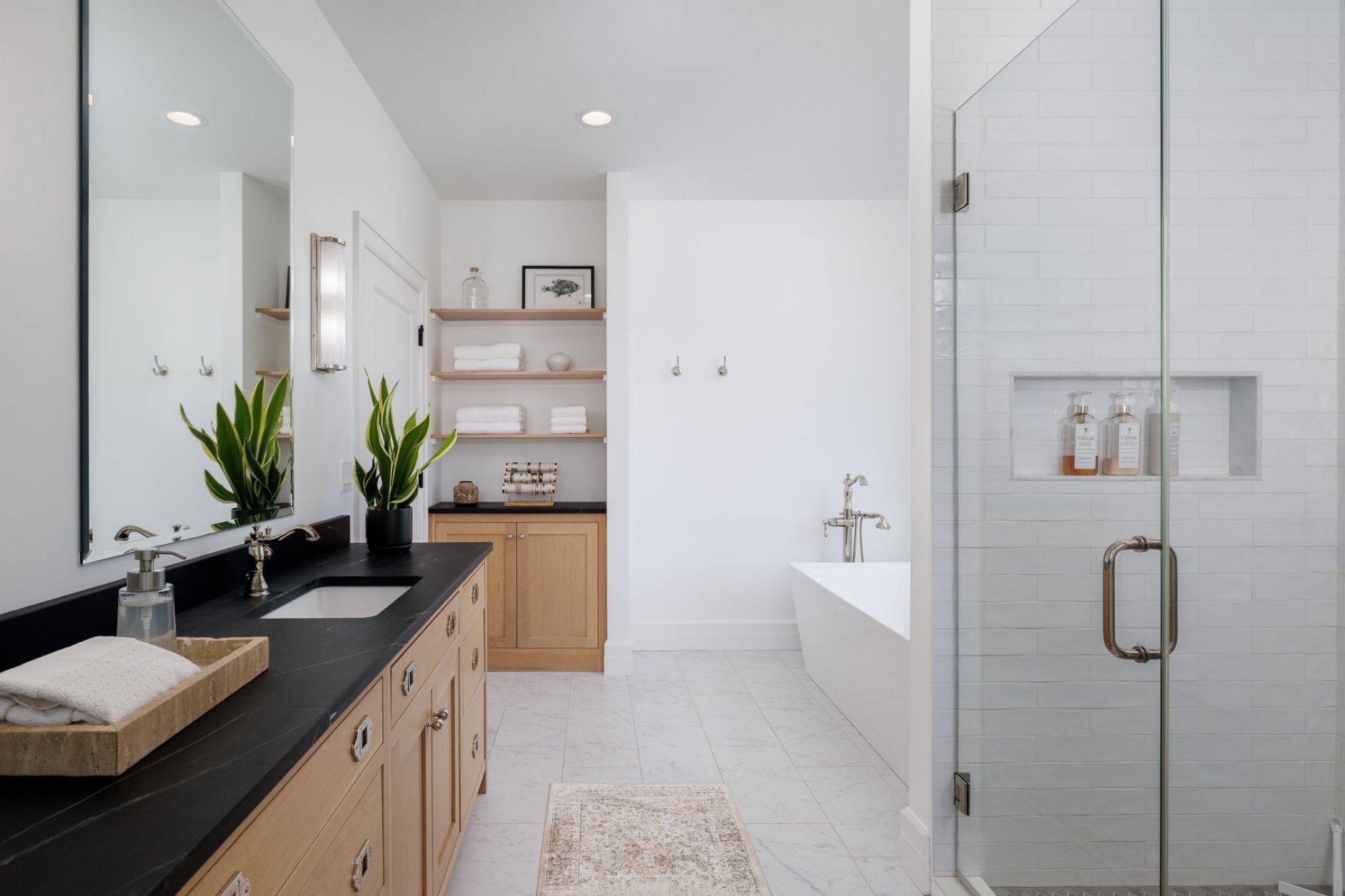 Primary Bath with Custom Quarter-Sawn Oak Cabinetry, Slate Counters & Walk-In Tile Shower